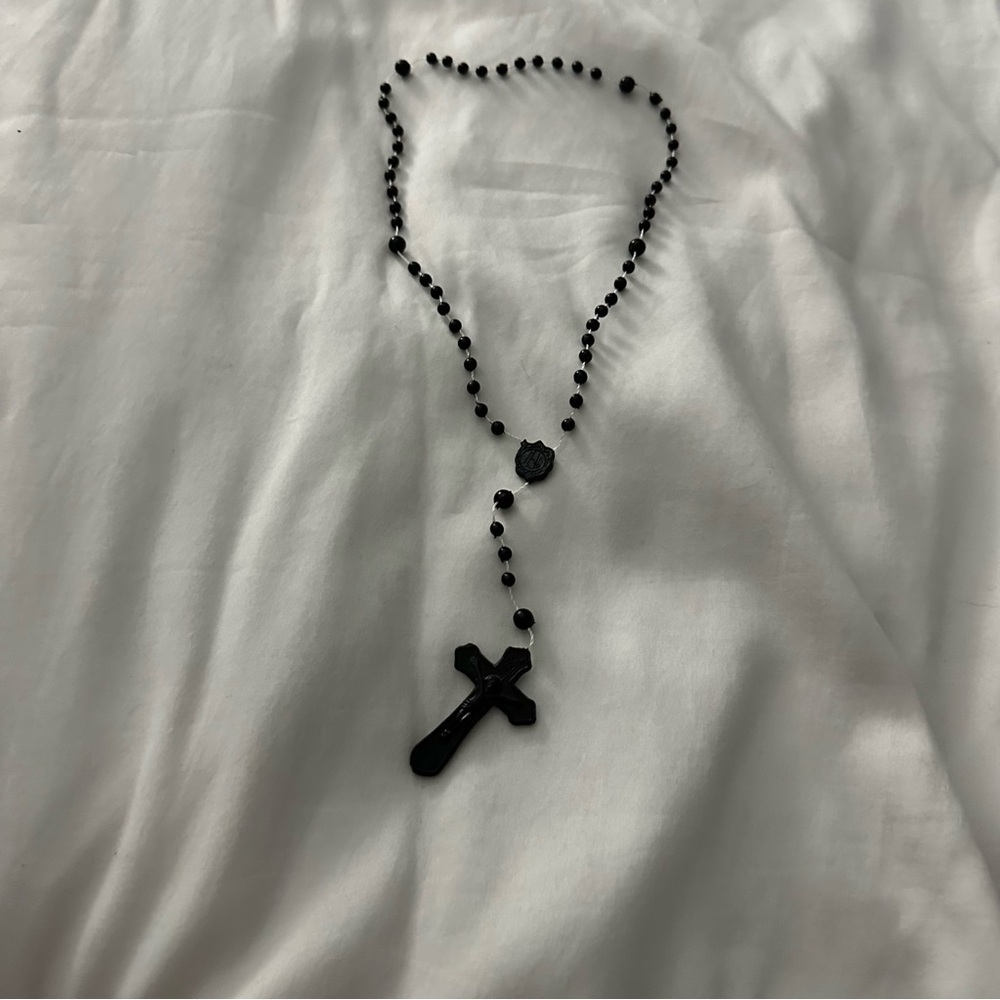 Black Beaded Rosary Necklace